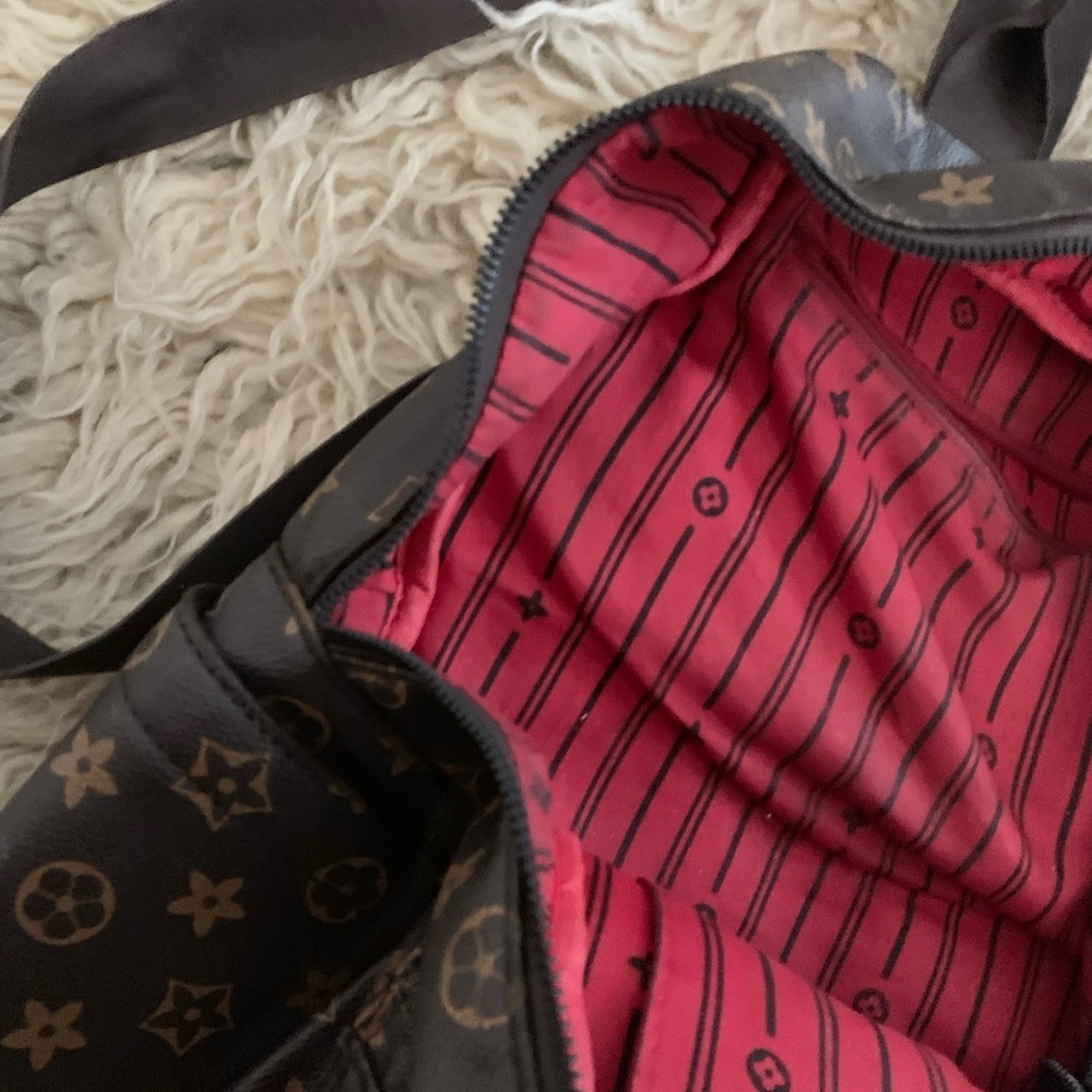 Backpack Brown & Tan Exterior Canvas & Red Inside Lining Gold Hardware - Picture 7 of 16